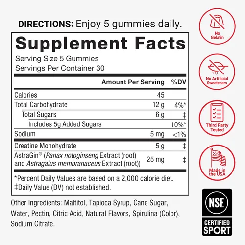Vista 5 de Force Factor Gomitas de monohidrato de creatina, certificado NSF, dosis de 0.18 oz para hombres y mujeres para apoyar los músculos, la fuerza