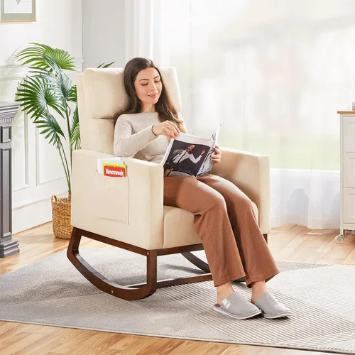 Vista 2 de Topeakmart Mecedora tapizada para cuarto de bebé, moderna silla de acento con patas de madera, bolsillo lateral, sillón mecedor para guardería, sala