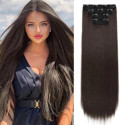 Vista 31 de REECHO - Juego de 4 extensiones de cabello sintético con clip de 12 pulgadas, 14 pulgadas y 16 pulgadas, lacio, largo y grueso, marrón oscuro
