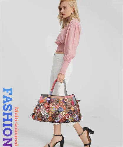 Vista 7 de Bolso Boston multicolor para mujer, de cuero genuino, colorido, grande, bolso de mano