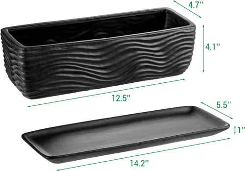 Vista 5 de [Usado] MyGift Maceta de cerámica de 12.5 pulgadas, moderna maceta rectangular texturizada para suculentas con diseño de ondas y platillo extraíble