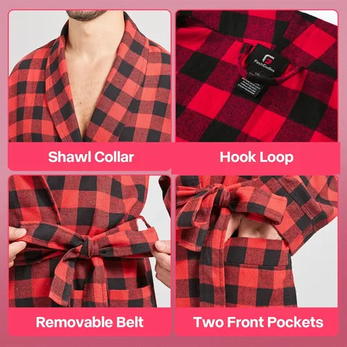 Vista 3 de FashGudim Bata de algodón a cuadros para hombre, ligera, con cuello de chal, kimono, ropa de dormir, ropa de descanso, batas de casa