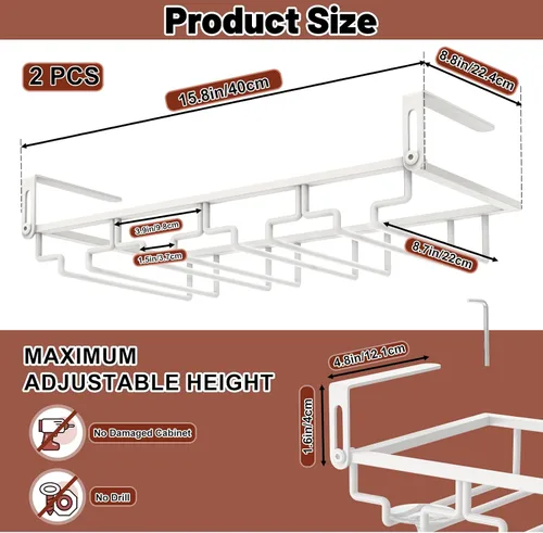 Vista 2 de AUHOKY Estante ajustable para copas de vino debajo del gabinete, soporte de metal para copas de vino de 4 filas, sin perforaciones, organizador