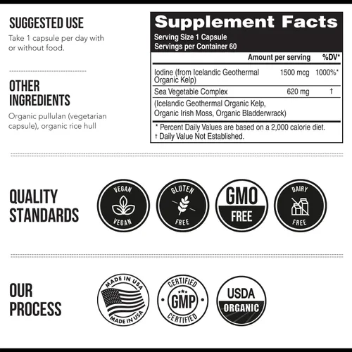 Vista 6 de Suplemento de yodo orgánico – 1,500 mcg de yodo, máxima potencia – de complejo de vegetales marinos, alimento integral y forma cruda – Contiene
