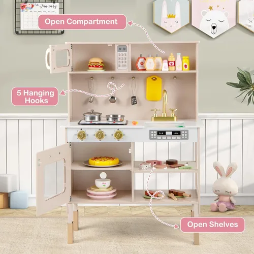 Vista 8 de Costzon Cocina de Juego para Niños, Juego de Cocina Ajustable en Altura con Luces y Sonidos Reales, Microondas, Horno, Estufas, Fregadero y Grifo