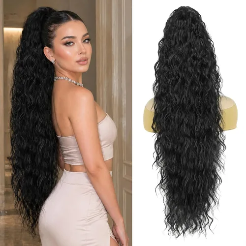 Vista 12 de Extensión de cola de caballo con cordón, extensión de cola de caballo larga y rizada para mujeres negras, extensiones de cabello negro de 26