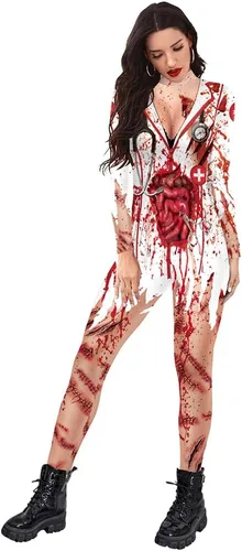 Vista 12 de Sister Amy Disfraz de esqueleto de calavera para mujer de Halloween, traje ajustado de una pieza J-colorido esqueleto