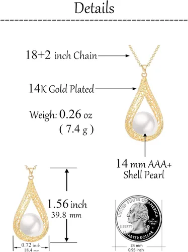 Vista 4 de Juego de collar y aretes de perlas grandes de 0.551 in para mujer, conjunto de joyas chapadas en oro