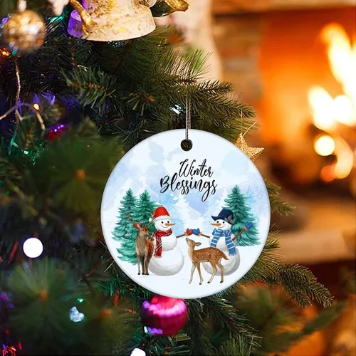 Vista 3 de Christmas Tree Ornaments Winter Blessings Christmas Ornament Keepsake Ornament Home Decor Forest Hanging Pendants Round Ceramic Xmas Ornaments