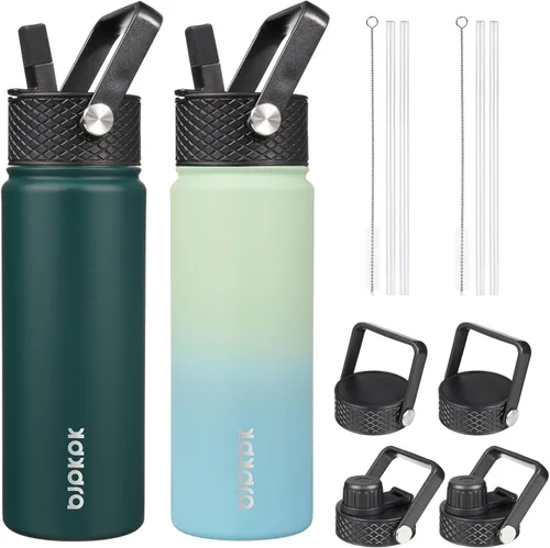 Vista 20 de BJPKPK Paquete de 2 botellas de agua aisladas con tapas con pajita, botella de agua de metal de acero inoxidable de 18oz con 6 tapas, jarras a