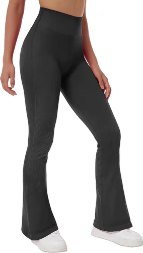 Vista 6 de MOSHENGQI Leggings acampanados acanalados para mujer, pantalones de yoga sin costuras de cintura alta