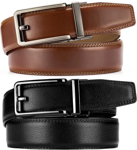 Vista 3 de CHAOREN - Cinturones de trinquete con clic para hombre, paquete de 2 - Cinturón de trinquete de cuero para hombre de 1 3/8" para vestir y casual