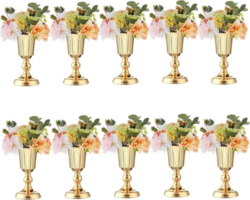 Vista 8 de 10 piezas de jarrón dorado para centro de mesa, soporte de metal para flores, decoraciones de boda para recepción, jarrón de trompeta de 15.6