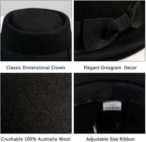 Vista 5 de Pork Pie Hat for MenWomen Wool Felt Boater Porkpie Flat Top Derby Fedora