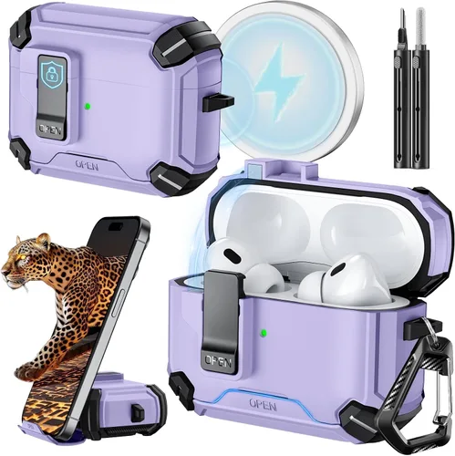 Vista 41 de Inesore Funda para AirPods Pro 1ª/2ª con bloqueo seguro (verde oscuro) Cubierta magnética de bloqueo automático con soporte para teléfono y kit