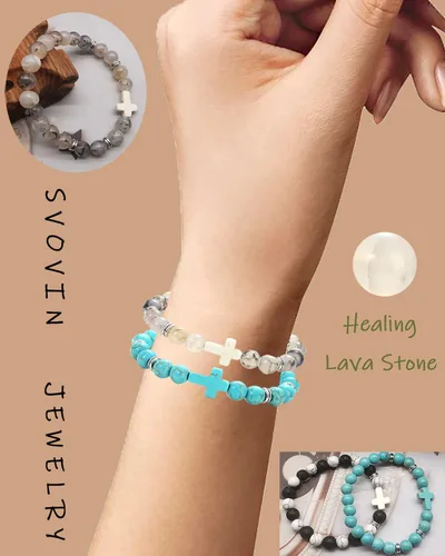 Vista 4 de Svovin 12 pulseras de cuentas cruzadas para hombres y mujeres de 0.315in, piedras curativas de ojo de tigre de lava, pulseras elásticas