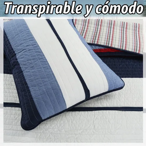 Vista 5 de Cozy Line Home Fashions - Juego de ropa de cama acolchada reversible de 100% algodón, con rayas azul marino y rojo, para niño, colcha, colcha