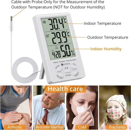 Vista 4 de Neoteck 2 en 1 termómetro higrómetro con reloj pantalla LCD 4.9 ft sensor cable ± 1°/5% High Accuracy Digital Humidity Temperature Meter with