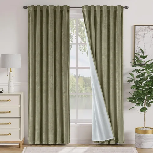 Vista 95 de Lazzzy Cortinas opacas de terciopelo beige de 84 pulgadas de largo con aislamiento térmico para oscurecer la habitación, cortinas forradas de lujo