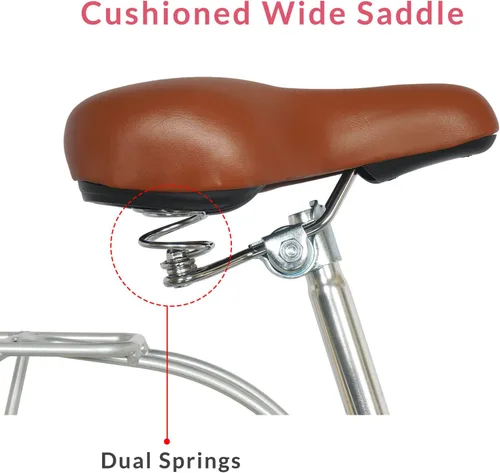 Vista 4 de MICARGI Kansans Beach Cruiser Bike - Empuñaduras de cuero de 7 velocidades y cojín de asiento V-Brake para adultos Vainilla