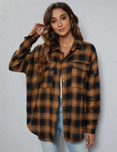 Vista 6 de Blooming Jelly - Camisas de franela con botones para mujer, de manga larga, con cuello de solapas, mezcla de chaqueta y camisa, para negocios o uso