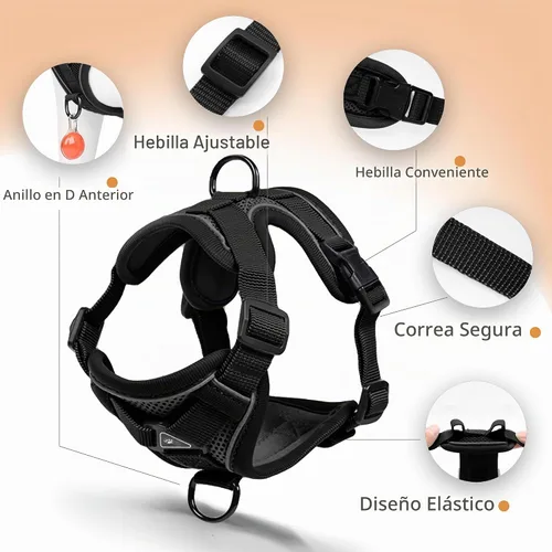 Vista 3 de Arnés para perro Jolifield sin tirones con juego de correa para perros pequeños, arnés de chaleco para gatos con clip frontal ajustable reflectante