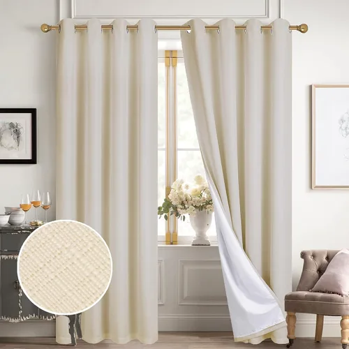 Vista 128 de Diraysid Cortinas 100% opacas de lino beige para dormitorio, con ojales, aislamiento térmico, cortinas de oscurecimiento de habitación