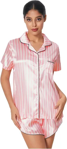 Vista 4 de WDIRARA Conjunto de pijama de satén de manga corta y pantalones cortos para mujer