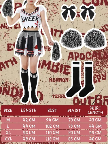 Vista 2 de Xtinmee Disfraz de animadora zombi de Halloween para mujeres y niñas, vestido de sangre sin animadoras, con pompones, cuerdas para el cabello