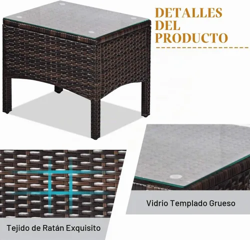 Vista 4 de ORALNER Juego de 3 piezas para conversación de patio, sofá de mimbre para todo tipo de clima y mesa auxiliar con cojines gruesos, muebles de Marrón