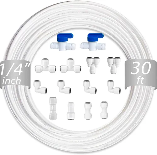 Vista 9 de NSF 1/4" y 3/8" Tubo de línea de agua y accesorios de conexión por empuje para filtro de agua de ósmosis inversa RO, 25 piezas de conectores + 30