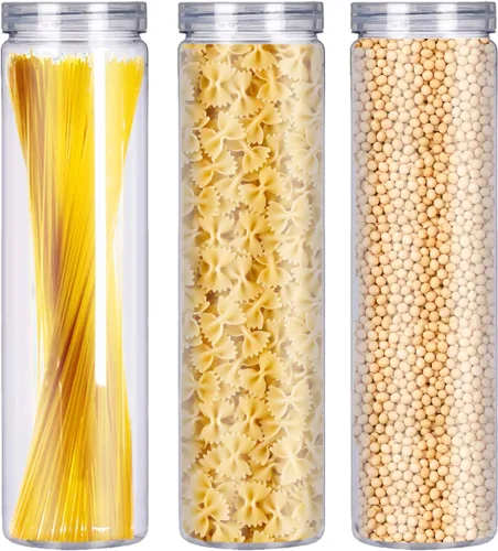 Vista 3 de Juego de 3 tarros de plástico transparente para almacenamiento de alimentos con tapa, recipiente redondo transparente delgado para espaguetis, pasta