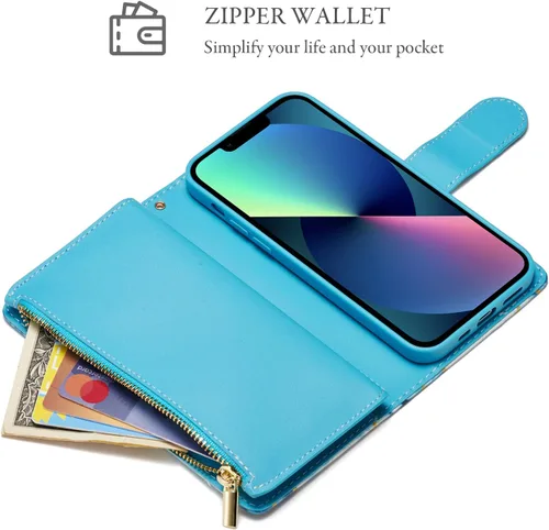 Vista 4 de UEEBAI Funda para iPhone 13 de 6.1 pulgadas, Cartera de piel sintética retro a prueba de golpes con función de soporte de ranuras para tarjetas Azul