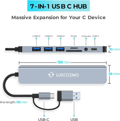 Vista 4 de LUKCOZMO Hub USB Hub USB C Divisor USB 7 en 1 Extensor USB con 4 puertos USB, 1 puerto USBC, lector de tarjetas TF/SD, salida de audio compatible