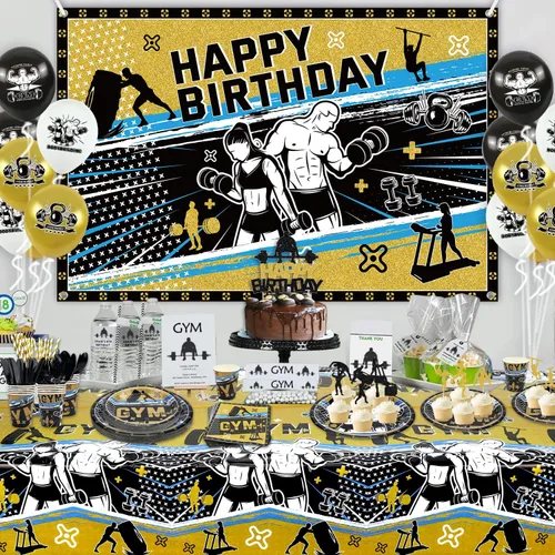 Vista 7 de KEFAN Decoraciones de fiesta de gimnasio, paquetes de suministros para fiesta de cumpleaños, levantamiento de pesas, deportes, suministros de fiesta