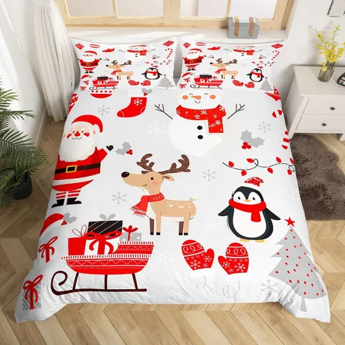 Vista 31 de Juego de ropa de cama de Feliz Navidad, funda de edredón azul con árbol de Navidad para niñas y niños, elegante funda de edredón de copo de nieve