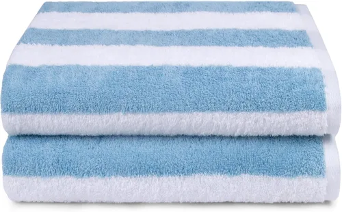 Vista 3 de Amazon Basics Toallas de playa a rayas, suaves y absorbentes, 100% algodón hilado en anillo, lavables a máquina, de secado rápido, certificado Azul