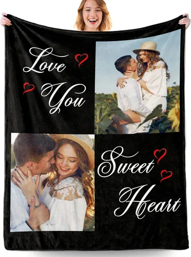 Vista 10 de Manta personalizada con fotos, manta personalizada con fotos con texto en inglés "I Love You", regalo de cumpleaños para novia, novio, esposa