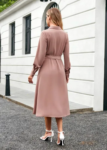 Vista 6 de GRACE KARIN Vestidos de trabajo de manga larga con cuello en V para mujer, vestidos de trabajo de manga larga con cuello en V para negocios, midi