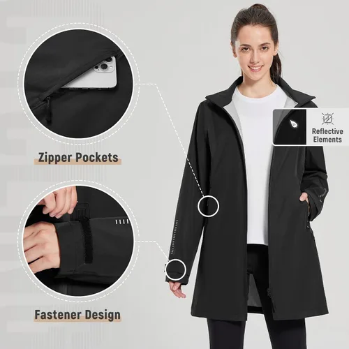 Vista 4 de baleaf Abrigo de lluvia largo para mujer, chaqueta de ciclismo plegable, impermeable, cortavientos, ligera, con capucha