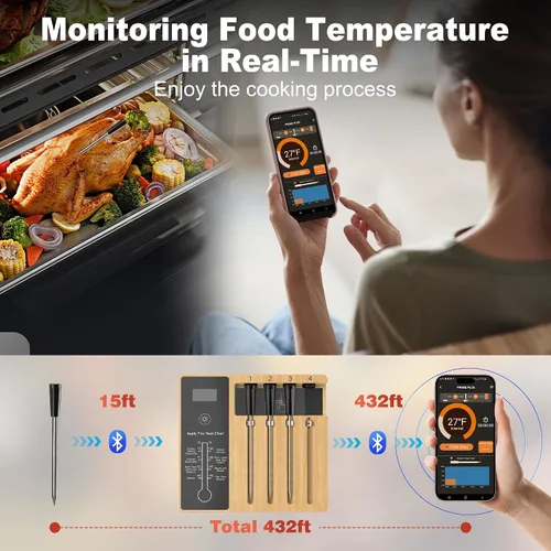 Vista 4 de Termómetro inalámbrico de carne para asar 4 sondas, termómetro digital Bluetooth remoto, súper estabilidad y precisión, termómetro eléctrico