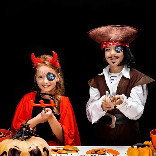 Vista 6 de Skylety 20 piezas de fieltro negro Pirata Capitán Eye parches cráneo Crossbones ojos parches para adolescentes y adultos pirata temáticas fiestas