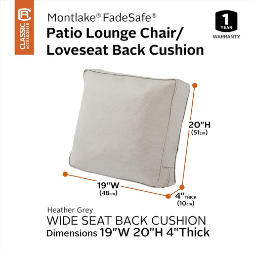Vista 2 de Classic Accessories Montlake FadeSafe FadeSafe - Cojín de respaldo para silla de patio, 19 x 20 x 4 pulgadas, color gris jaspeado