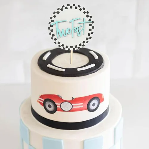 Vista 4 de Decoración de madera para tartas de 2º cumpleaños con temática de carreras, suministros de fiesta de segundo cumpleaños con temática de carreras