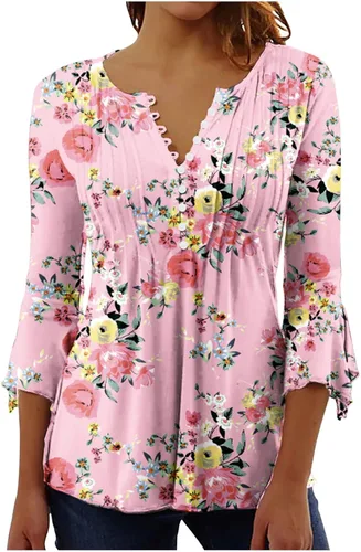 Vista 43 de Ceboyel Blusa tipo túnica con estampado floral para mujer, con botones, estilo Henley, con manga de codo, casual, trajes de moda para mujer