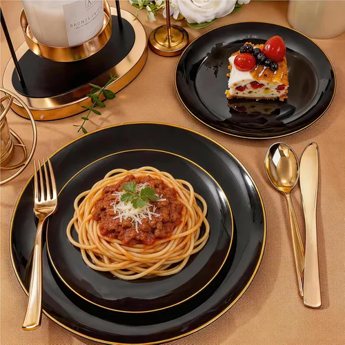 Vista 11 de YOUBET 125 piezas de platos de plástico negros y dorados - Platos desechables negros con borde dorado - Incluye 25 platos de cena, 25 platos