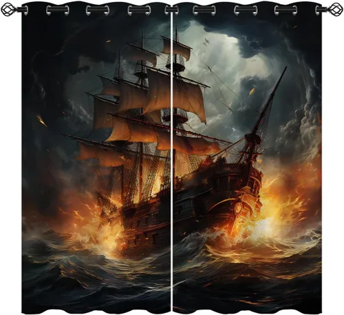 Vista 15 de Cortinas opacas de pulpo náutico para niñas y niños, decoración del hogar, con ojales de animales piratas del océano Kraken, cortinas