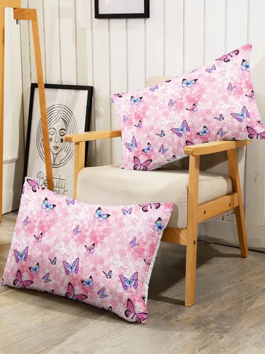 Vista 4 de Juego de sábanas de 4 piezas ajustadas y planas para niñas, estampado de mariposas y flores rosas con 1 + 2 fundas de almohada para cama individual