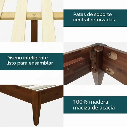 Vista 4 de Acacia Mervyn - Cama de plataforma de madera de 14 pulgadas, marco de cama sin cabecero, marco de cama tamaño Queen, color chocolate