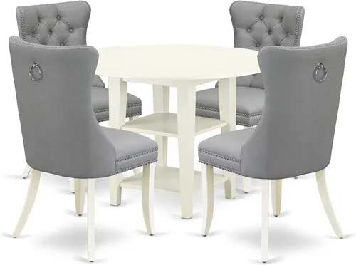 Vista 18 de East West Furniture SUDA5-LWH-12 - Juego de mesa de comedor de 5 piezas, incluye una mesa de cocina redonda con gotas y estantes y 4 sillas de tela